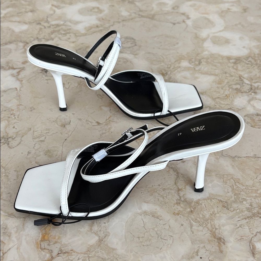 NWT Zara Strappy Patent Leather Asymmetrical Square Toe Heeled Sandals - Picture 5 of 8